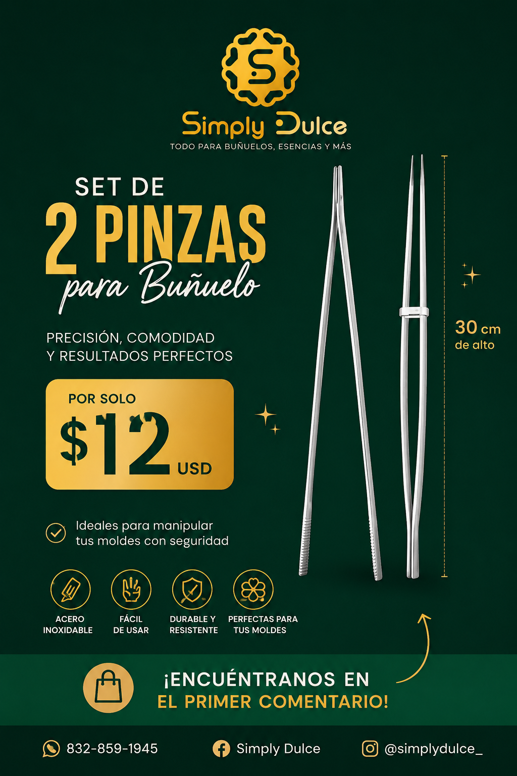 Pinzas de Acero Inoxidable para Buñuelos de Viento – Set de 2 Piezas