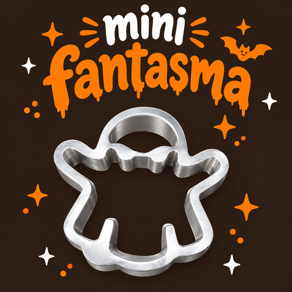 Mini ghost-shaped aluminum rosette iron mold with hollow center and raised arms for making traditional Mexican buñuelos de viento for Halloween.